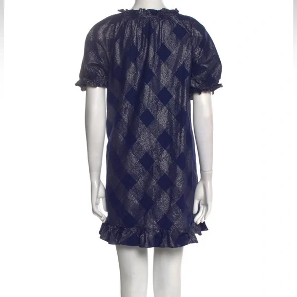 HILL HOUSE KATHERINE NAP CHECK BLUE SHORT SLEEVE METALLIC THREAD TUNIC DRESS - Picture 3 of 10